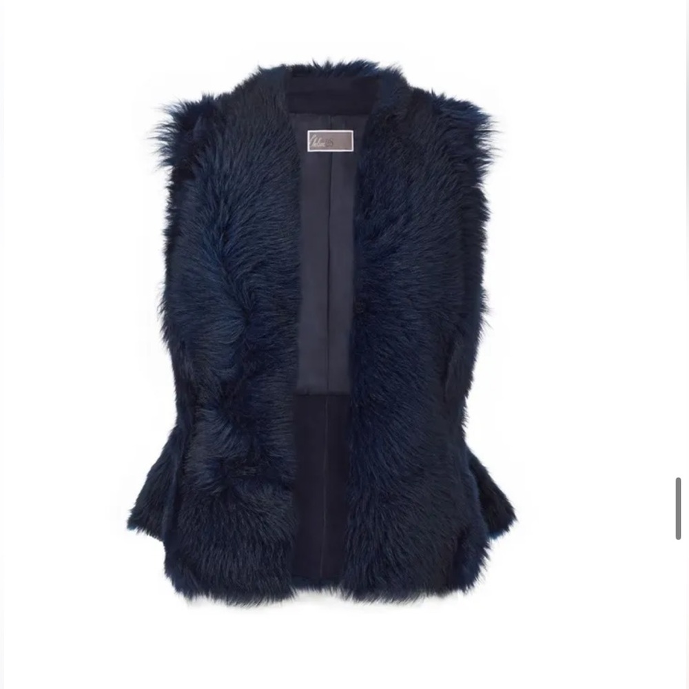 Olivia Palermo $398 Real Fur Shearling Lamb Navy Vest Genuine Suede Back Sz XXS